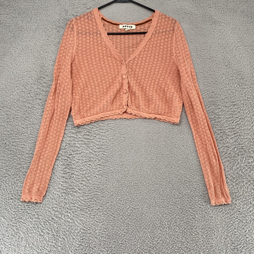 Boden Cardigan Sweater Womens Medium Pink Crochet Pointelle Button Front Ruffle